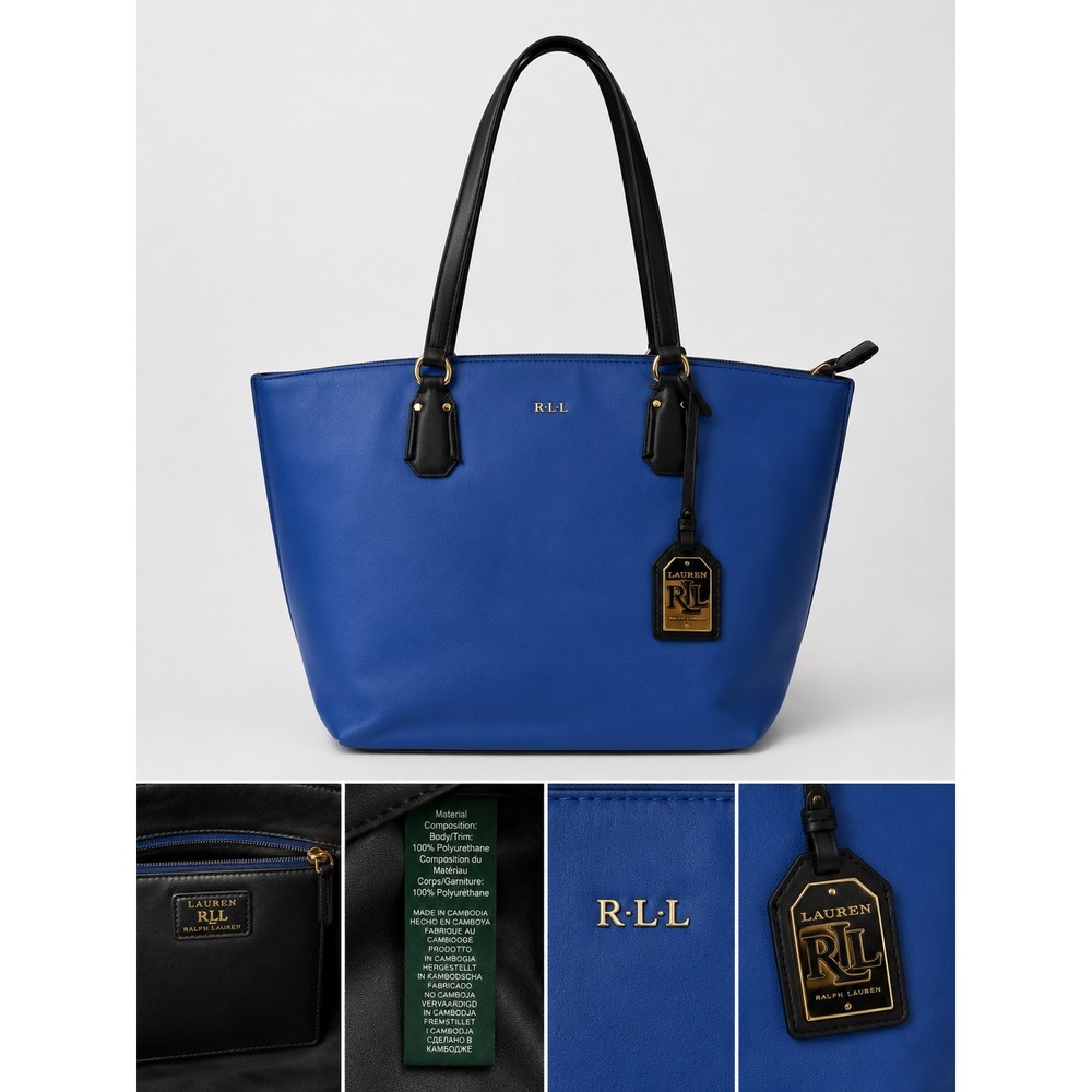 Lauren Ralph Lauren Royal Blue Black Trim Faux Leather Tote Bag RN 41381